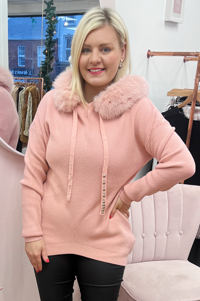 Addy Faux Fur Hooded Knit (Pink) The Dresser Boutique Banbridge