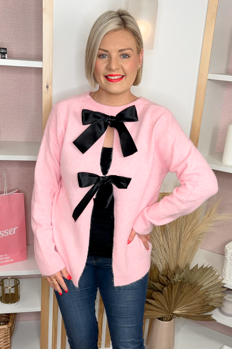 Pink Bow Back Bubble Sleeve Sweater