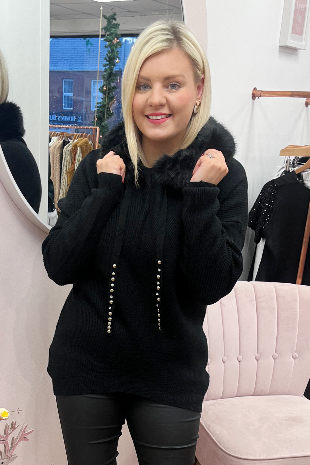 Addy Faux Fur Hooded Knit (Black)