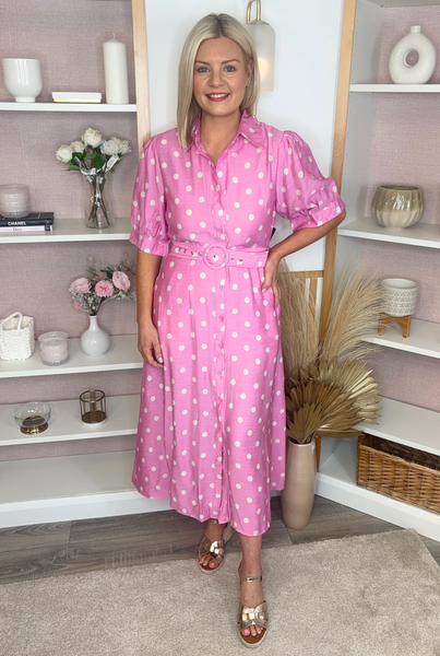 pink polka dot dress shirt Polka Dot Shirt Dress (Pink)