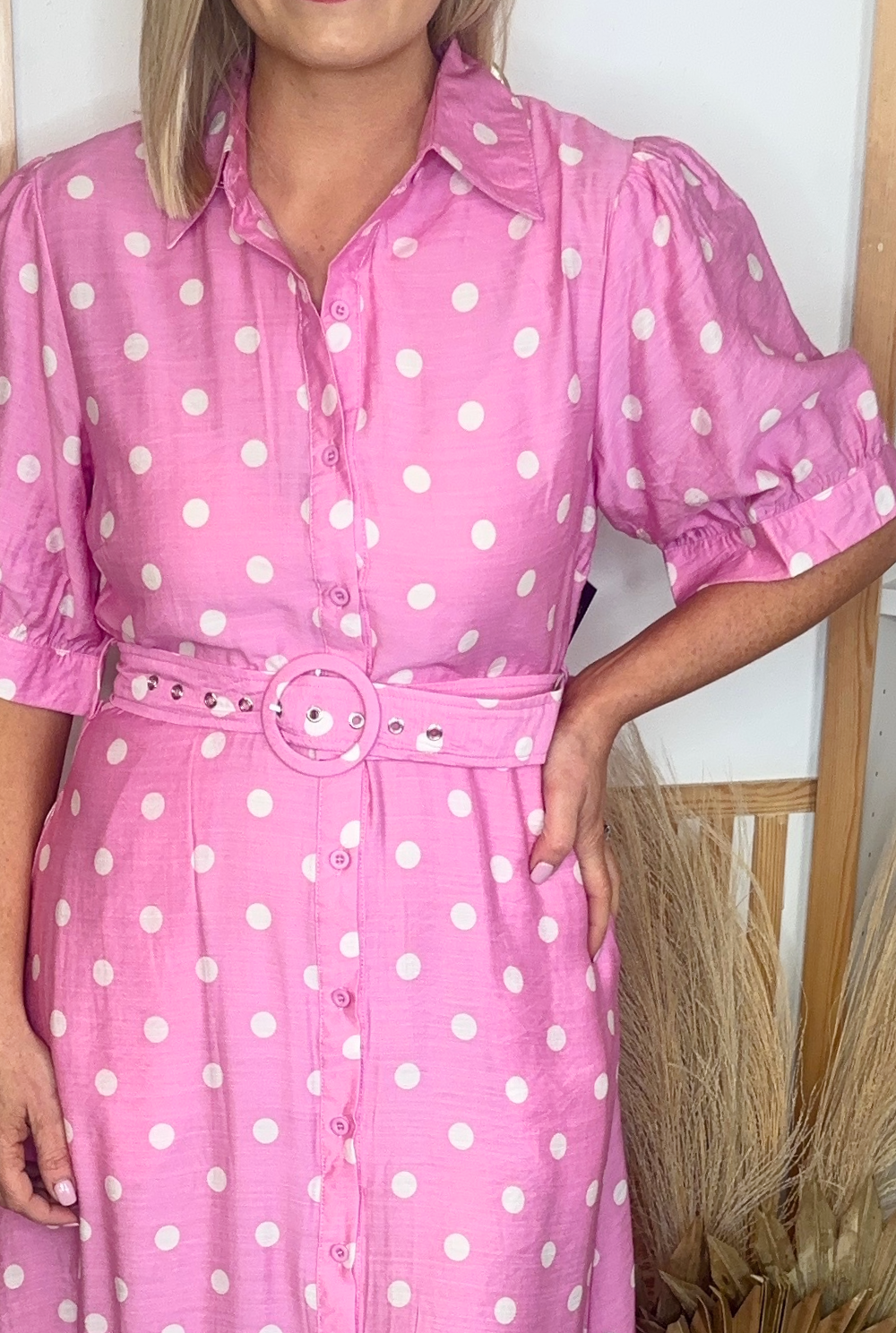 pink polka dot shirt dress Orchid Polka Dot Printed Silk Twill Collared Dress With Belt