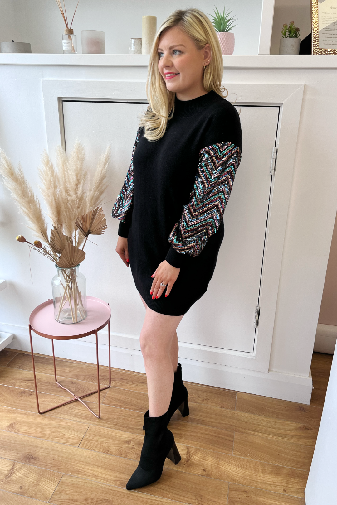 Sequin Sleeve Jumper Dress (Black)