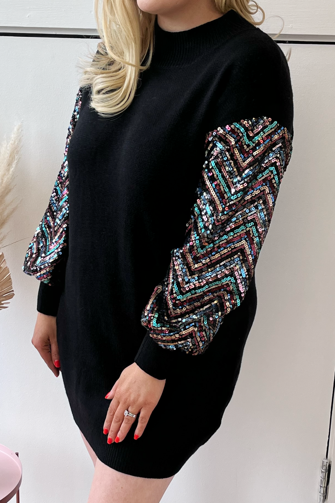 Sequin Sleeve Jumper Dress (Black)