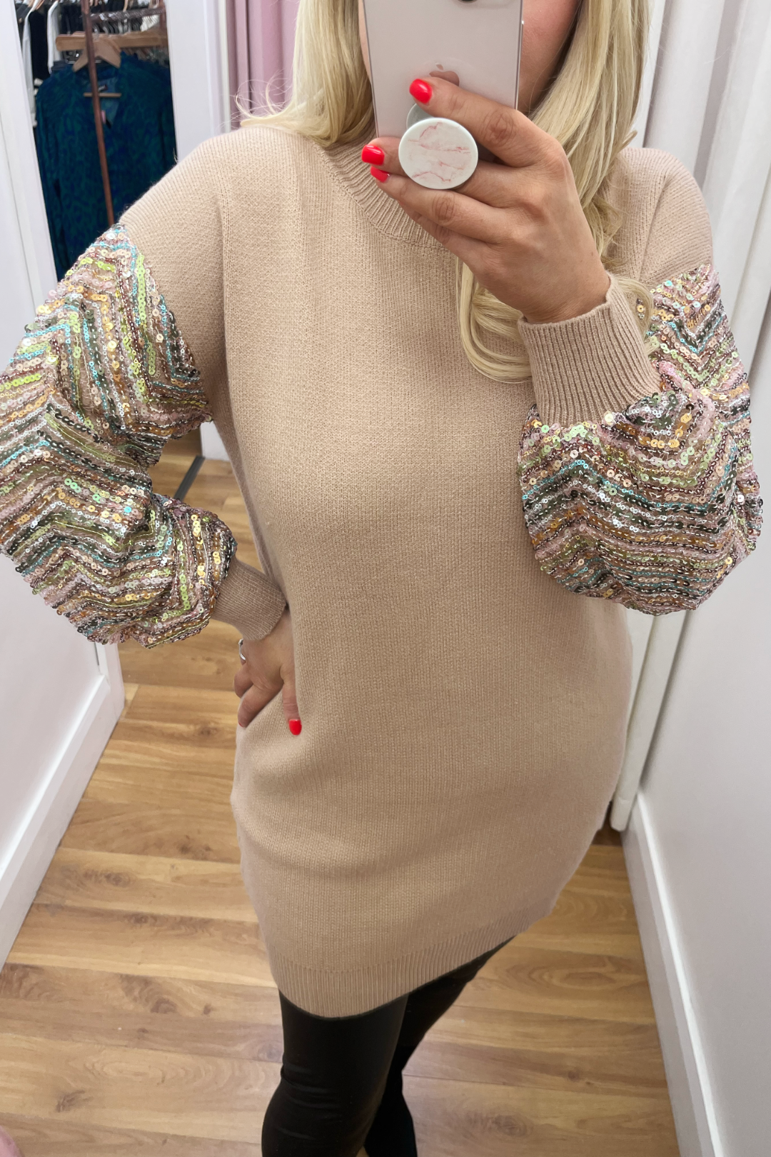 Silver Sequin Jumper Dress Sequin Sleeve Jumper Dress (Coffee) The Dresser  Boutique Banbridge Northern Ireland