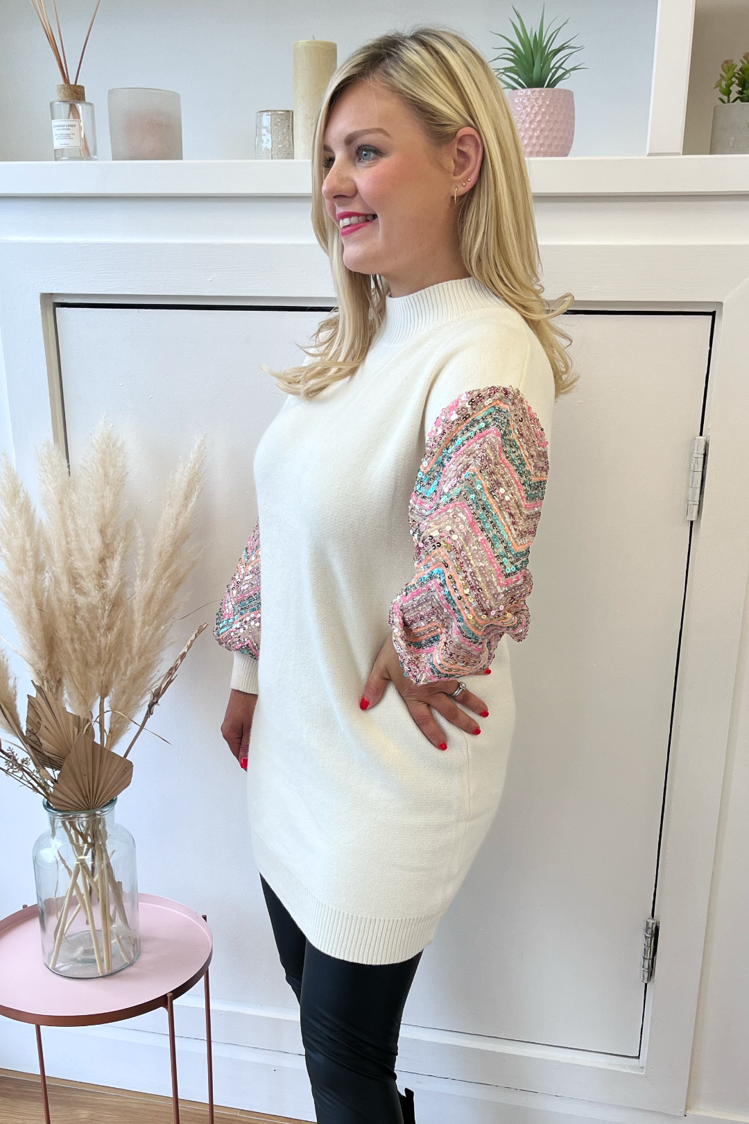 white christmas dresses Sequin Sleeve Jumper Dress (Cream)