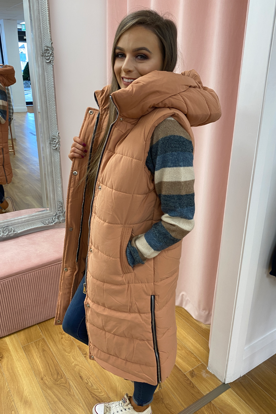 Tan Longline Puffer Gilet - Main Image